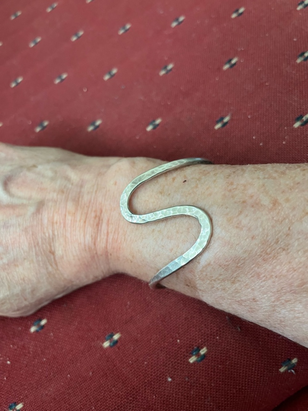 Handcrafted Hammered Silver S-Shape Cuff Bracelet - Silver